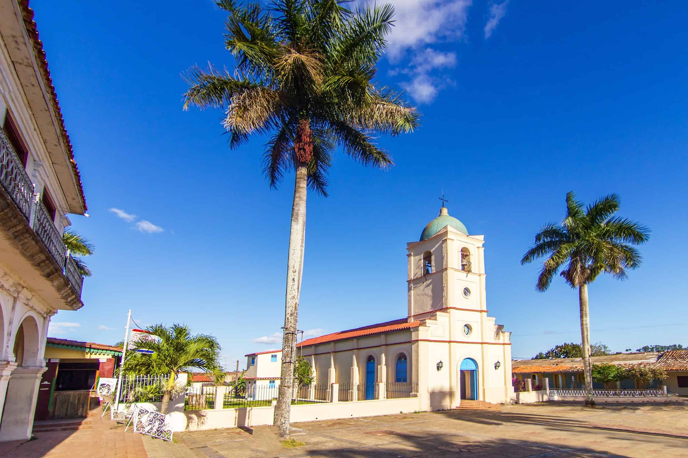 Church overlooking square at Vinales village, Cuba 